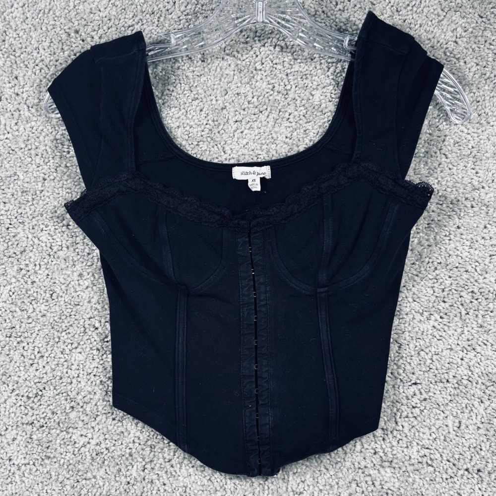 Stitch & Pine Womens Black Lace Trim Corset Top Hook Eye Cap Sleeve XS